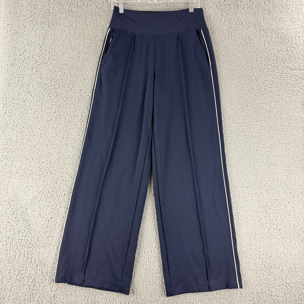 Athleta Navy Wide-Leg Track Pants with White Piping